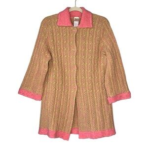 Vintage Oilily wool blend neon pink/yellow cableknit cardigan sweater. Size S